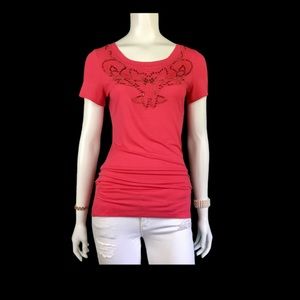 BKE Beaded Neckline Coral Slim Stretch Tee Small